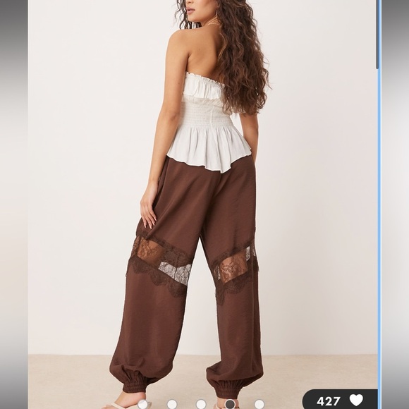 ASOS DESIGN lace insert harem pants in chocolate - Picture 2 of 4